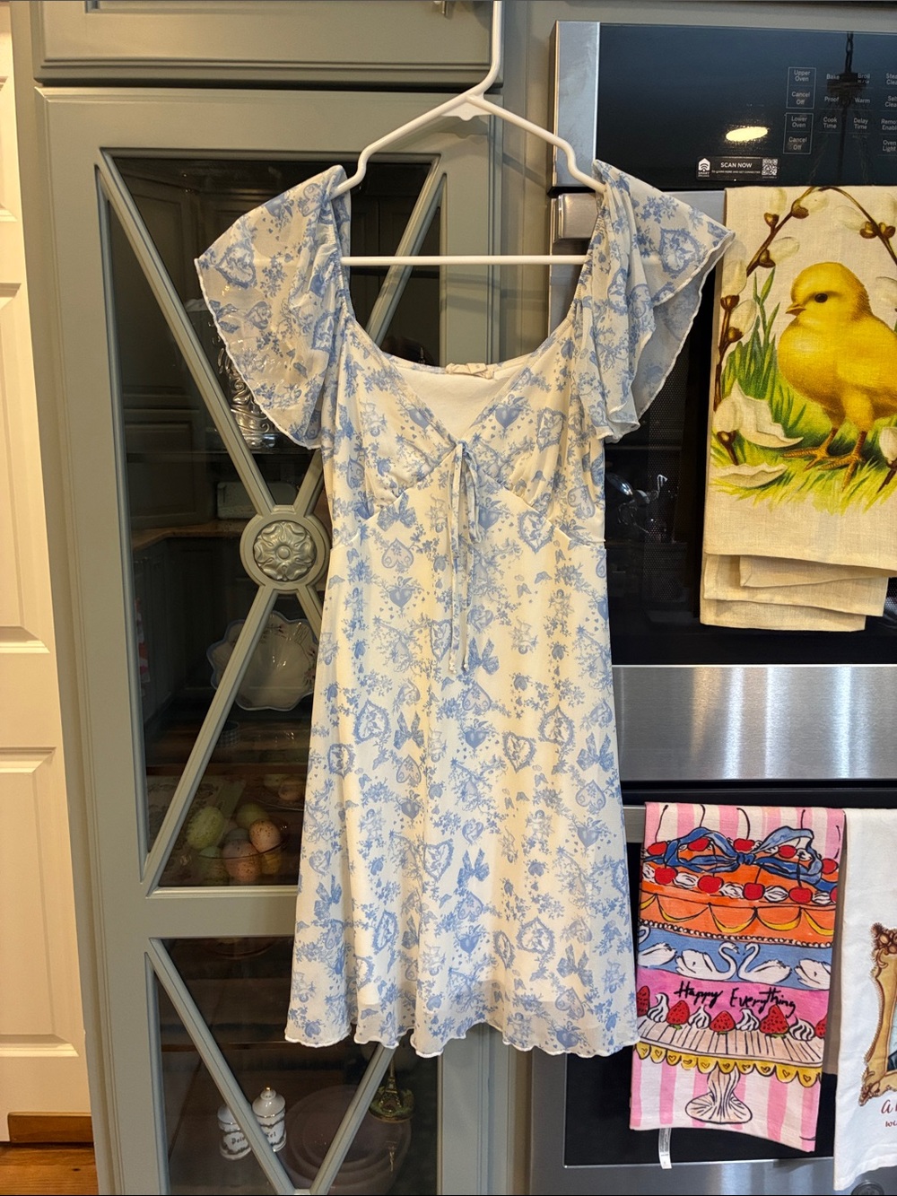 See You Monday Floral Blue & White Ruffle-Sleeve Dress Cherub Bow small coquette
